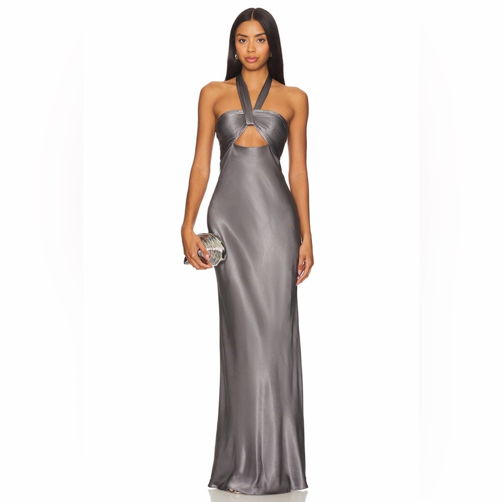 Shona Joy Revolve La Lune Ruched Halter Satin Maxi Cocktail Dress Graphite Gray